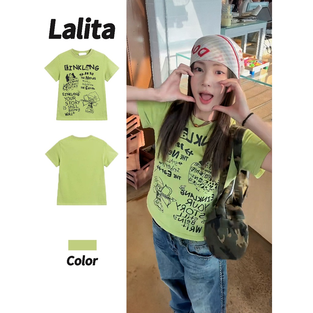 Lalita พร้อมส่งจากกทม🌸เสื้อยืดแขนสั้นสา พิมพ์ลา วหวานเกาหลี  ยตัวอักษร หน้าร้อน 