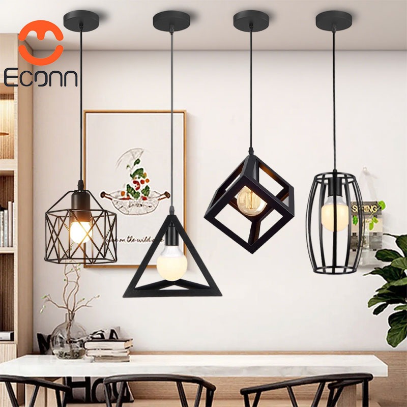 ECONN โคมไฟระย้าเหล็กทรงเรขาคณิต สไตล์อินดัสเทรียล ใช้หลอด E27 สำหรับร้านอาหาร บาร์ คาเฟ่