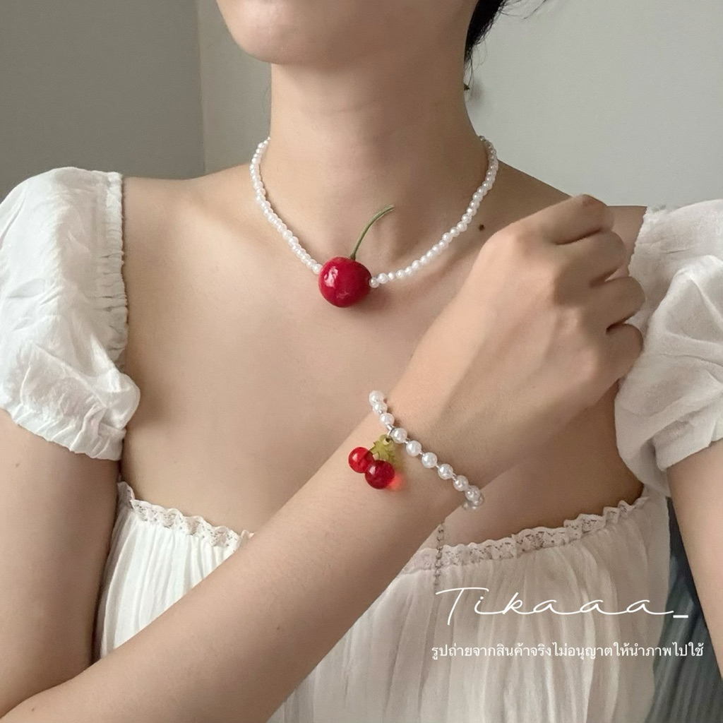 (Ready to Ship🇹🇭) 🍒Cute Pearl & Cherry Jewelry Set – Necklace, Bracelet & Ring - สร้อยคอ/ข้อมือลูกปัดไข่มุกจี้เชอร์รี่ ✨ - รูปที่ 6