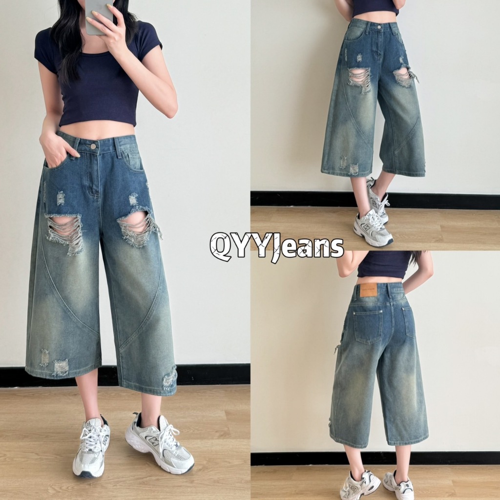 S-5XL กางเกงยีนส์ขา7ส่วนขาบานแต่งขาดทรงวินเทจ ใส่ได้ทั้งผู้หญิงผู้ชาย พร้อมส่งที่ไทย