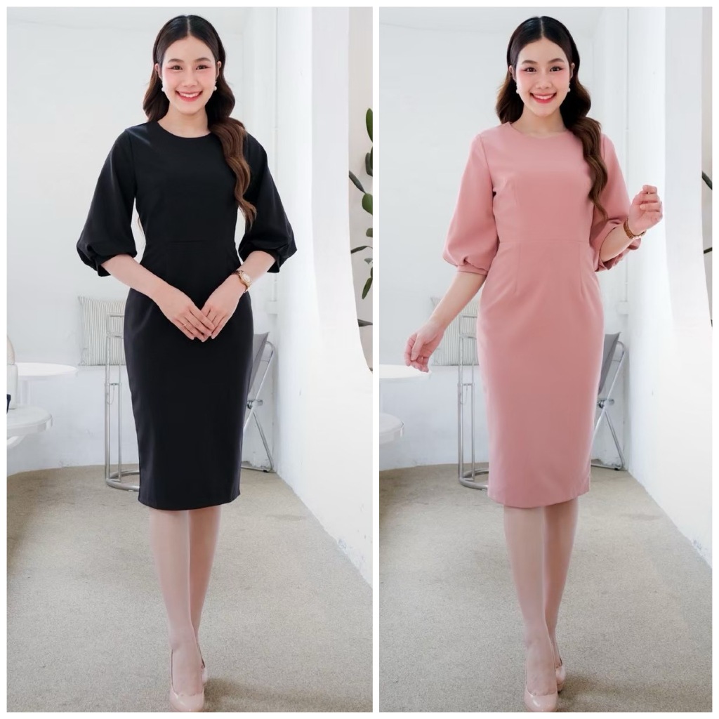 LX9266  Dressคลุมเข่าแขนสามส่วนปลายพอง ใส่ได้หลายโอกาส ชุดไปงานแต่ง ชุดออกงาน เดรสเพื่อนเจ้าสาว [LUXURY707]