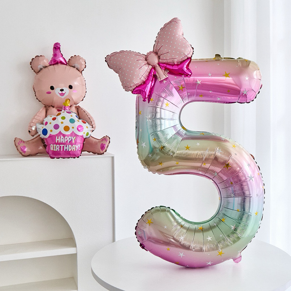 (ร้านไทย)เซ็ตลูกโป่งฟอยล์ตัวเลข40นิ้ว สีรุ้งพาสดาว+โบว์ชมพู
