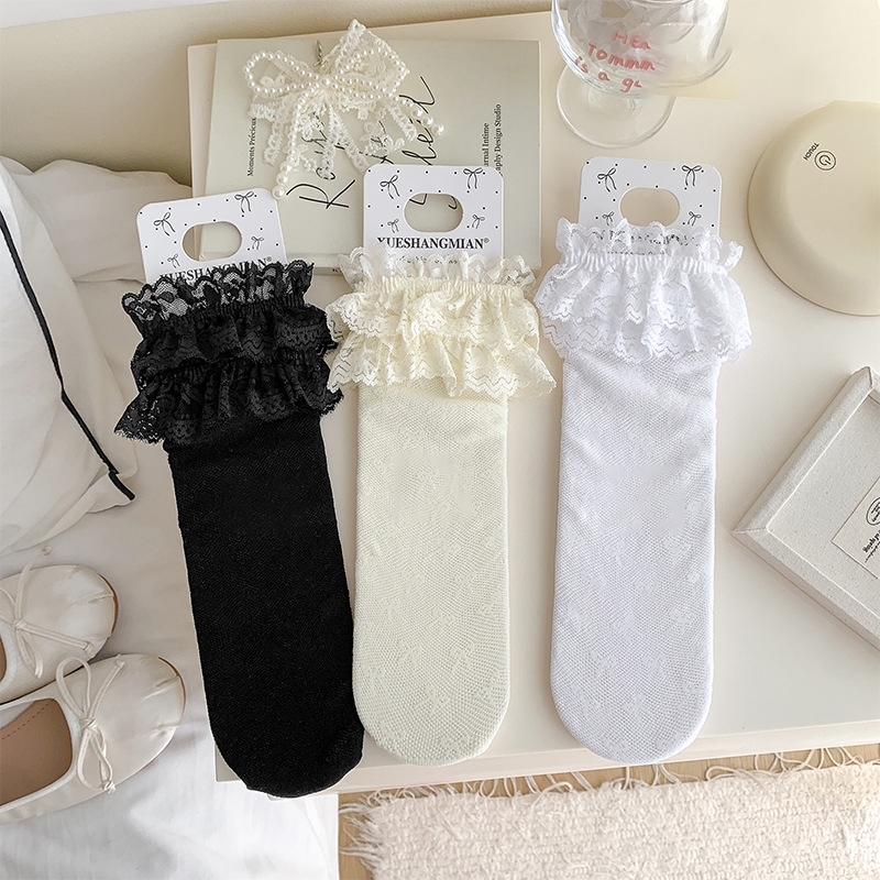 ถุงเท้าลูกไม้โลลิต้า🎀ถุงเท้าลายกรรไกรบางๆ ลายดอกไม้ สไตล์นักศึกษาหวานๆ เท่ๆ