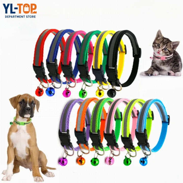 ปลอกคอสัตว์เลี้ยงมีกระดิ่ง 12 สีปรับขนาด ร่วมใช้สุนัขแมว สายสะท้อนแสง+ตัวล็อกสีดำ CW10
