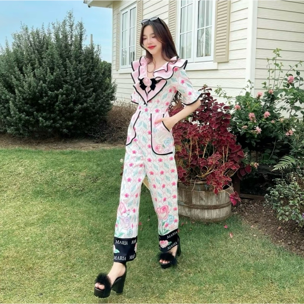 งานจั๊มขายาวลายดอกชมพู หวานแหวว Maria dimond