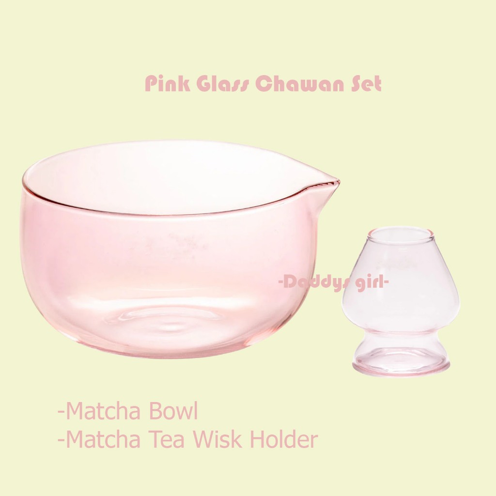 พร้อมส่ง🍵เซตชงมัทฉะ Pink Glass Chawan งานถ้วยแก้วปากริน + แท่นวาง Chasen คุณภาพดี สีสวย (Set 2 ชิ้น)