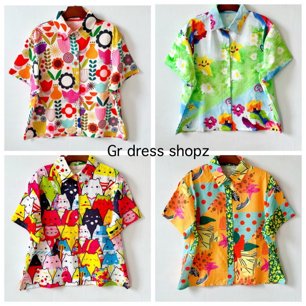 ป้าย Common Day เสื้อเชิ้ตแขนสั้นผ้าบับเบิ้ลพิมพ์ลาย อก 45 นิ้ว ยาว 22 นิ้ว