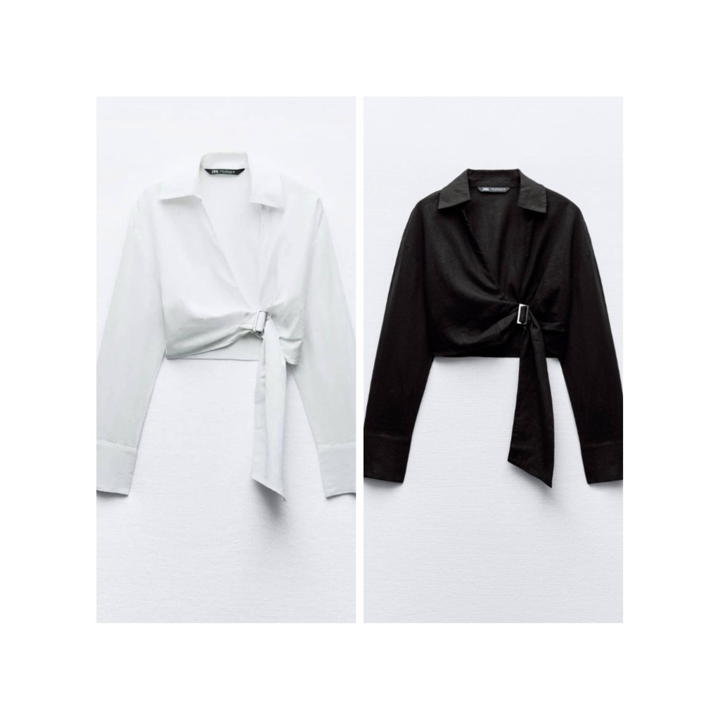 Zara​ Crop​ Linen​ Shirt​ เสื้อเชิ้ตครอป​ แขนยาว​ มี2สี​ ขาว, ดำ