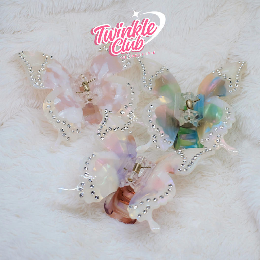 Twinkle Club | กิ๊บหนีบผมผีเสื้อ สีพาสเทล ลายหินอ่อน ปีกติดเพชร