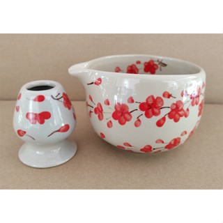 ถ้วยมัทฉะ ปากกลม พร้อมที่วางแปรง วาดลายดอกซากุระด้วยมือ เซรา…