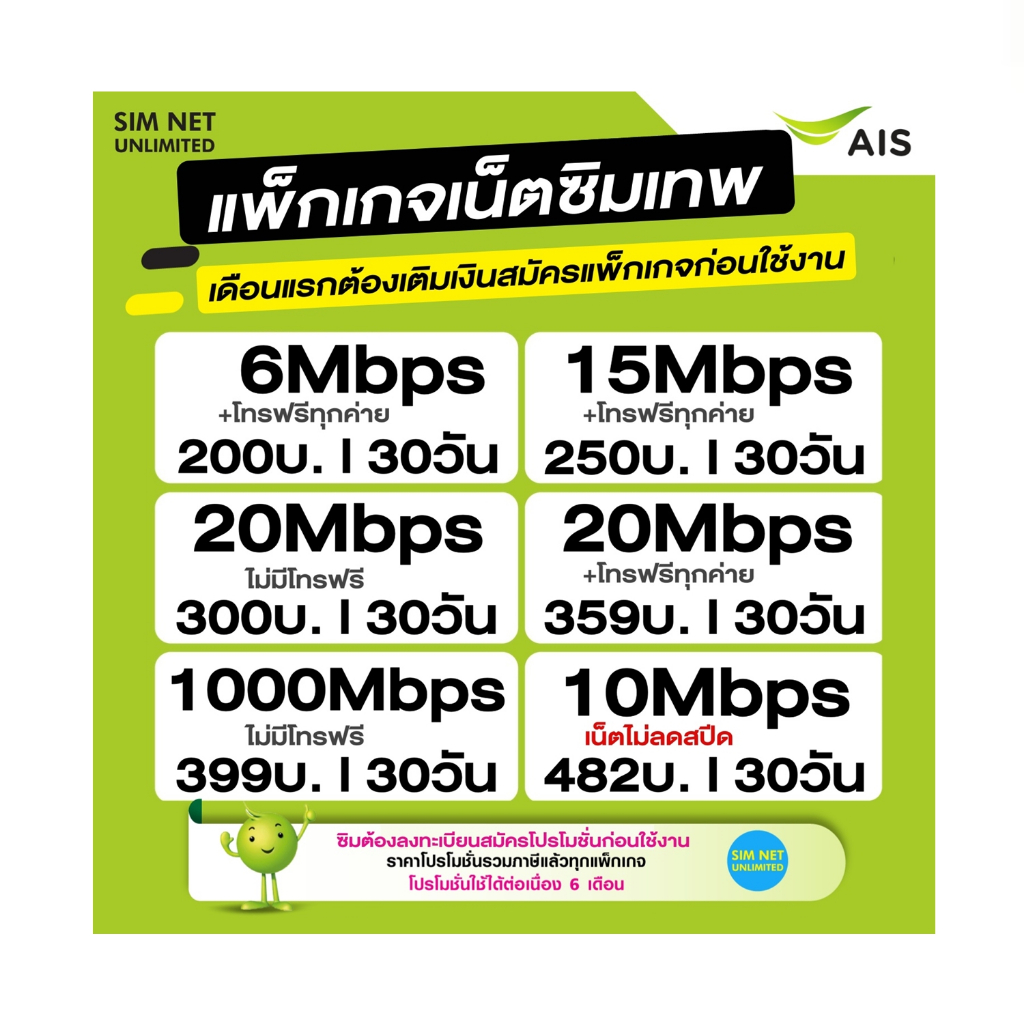ชิมเทพ AIS เน็ตไม่จำกัด ไม่ลดสปีด+โทรฟรีทุกเครือข่าย 24ชม. ความเร็ว 4Mbps ,15Mbps ,1000Mbps