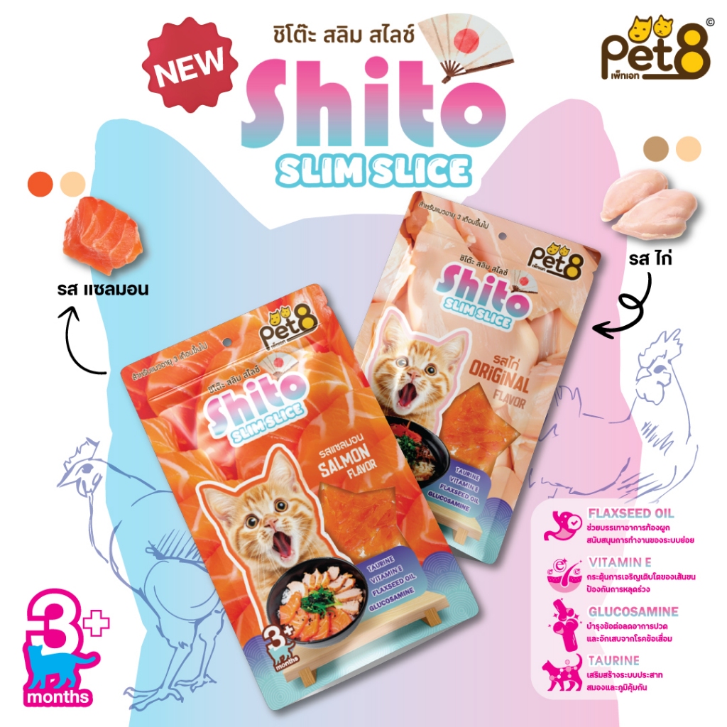 PET8 ขนมแมวชิโต๊ะ สลิม สไลซ์ ทำจากเนื้อไก่สดคุณภาพดี กลิ่นหอม เสริมวิตามิน ขนาด 35 กรัม