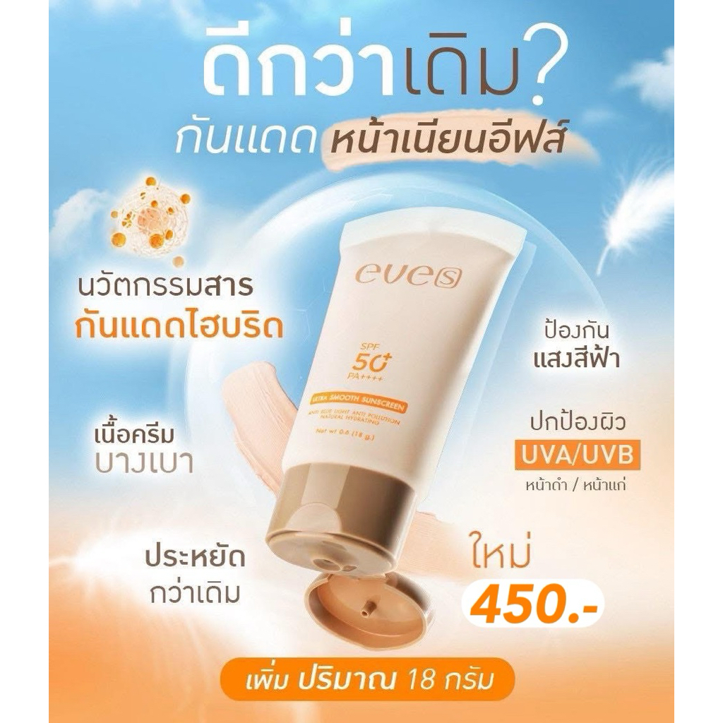 NEW EVE’S ULTRA SMOOTH SUNSCREEN กันแดดอีฟส์ สูตรใหม่ คุมมัน กันน้ำ กันเหงื่อ SPF50+ PA++++