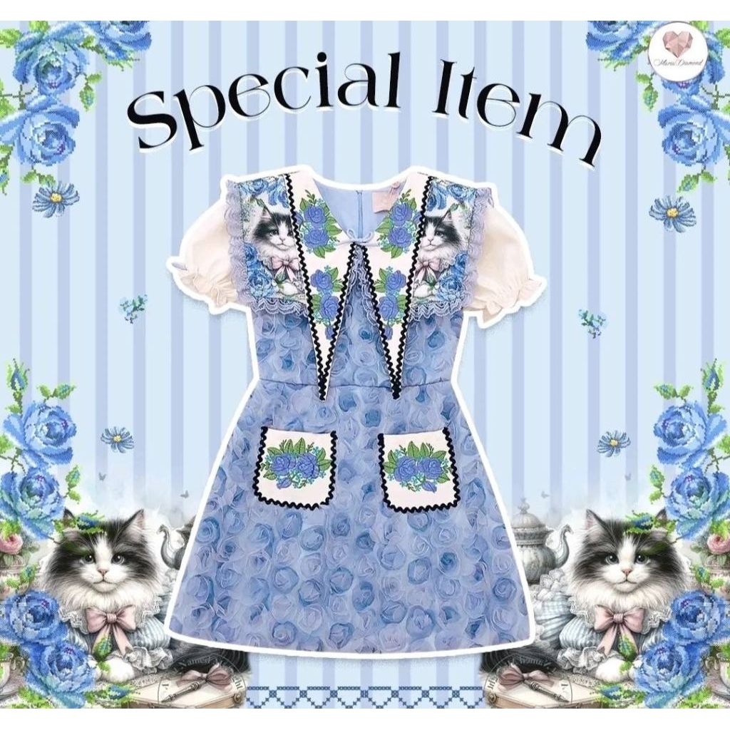 สีอัญชันกุหลาบ3d💜🩵ป้ายห้อยMaria diamond Sz.m เดรสสั้นผ้ากุหลาบ3d+งานปัก กระเป๋าสองข้าง งานจริงสวยมาก