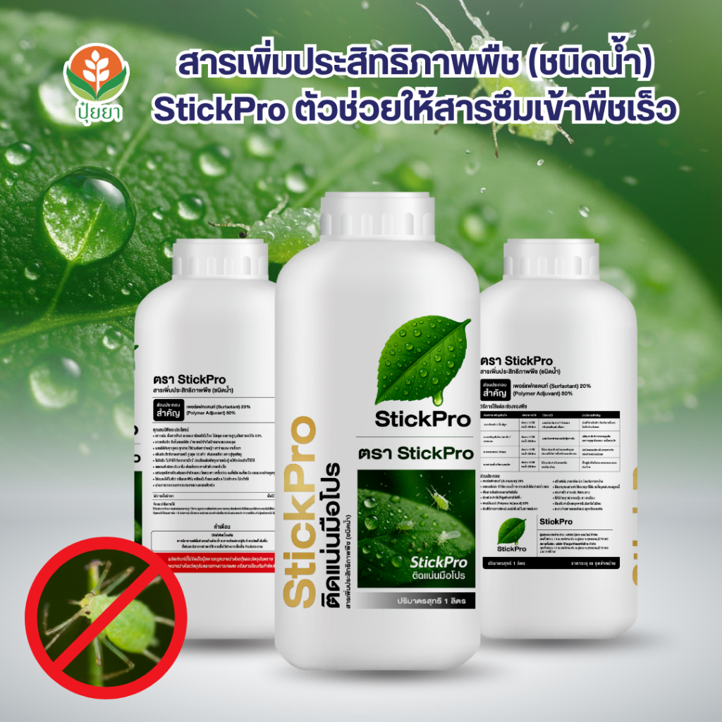 StickPro จับใบ ไล่เพลี้ย เกาะแน่นทุกหยด ไม่ไหล ไม่หลุด แม้ฝนตกหนัก เพิ่มการดูดซึม ลดการสูญเสียสารถึง 80% พืชโตไว เพลี้ยห