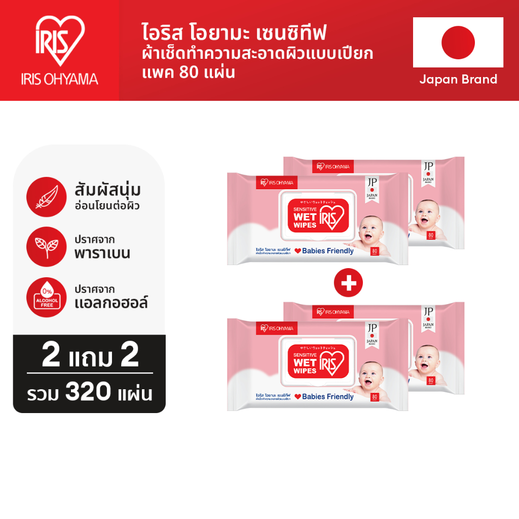 2 แถม 2 - IRIS OHYAMA Baby wipes ผ้าเช็ดทำความสะอาดผิว ทิชชู่เปียก สูตรไม่มีแอลกอฮอล์ อ่อนโยน ไม่ระค