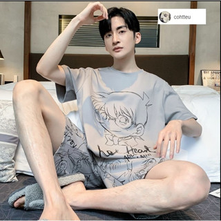 M-4XL ชุดนอน 2 ชิ้น， ชุดนอนผู้ชาย， ชุดนอนแขนสั้นฤดูร้อน， ลาย…