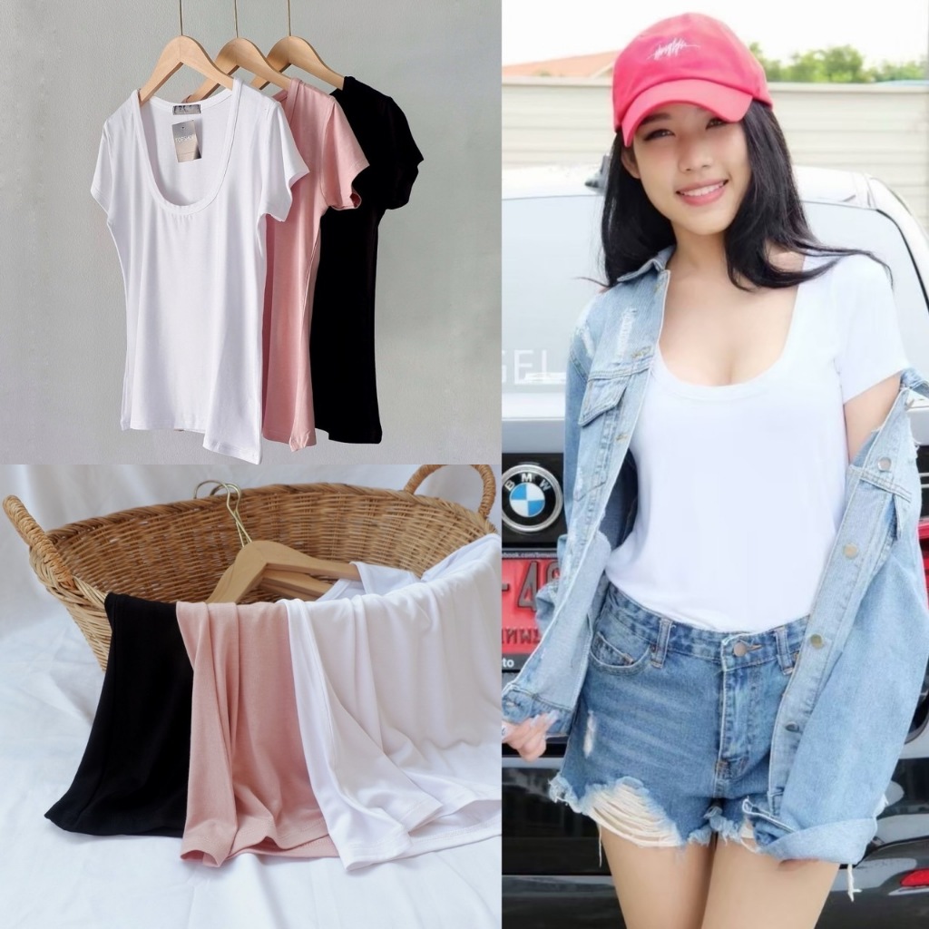 เสื้อยืดคอยูแขนสั้น​ ทรงเข้ารูป​ ผ้าเรย่อนเนื้อนิ่มเด้ง