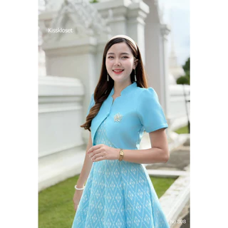 KS808 ชุดเดรสผ้าทอลาย แต่งกั๊ก คอจีน กระโปรงบาน 8 ชิ้น อัดกาวทั้งชุดชิ้น ซิปซ่อนด้านหลัง (S-5XL)