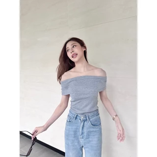 B&R พร้อมส่ง เสื้อยืดผู้หญิง เสื้อเปิดไหล่ผู้หญิง ดีไซน์ถักนิตติ้งปาดไหล่ ขนาด S-XL สไตล์แฟชั่น ผ้าสวมใส่สบาย