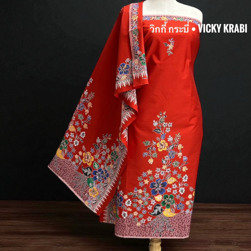 ผ้าปาเต๊ะ ลายดอกชบา พรีเมียม Cotton 100% ผ้านุ่ง ผ้าซิ่น ใส่ทำบุญ/ตัดชุด/เที่ยว