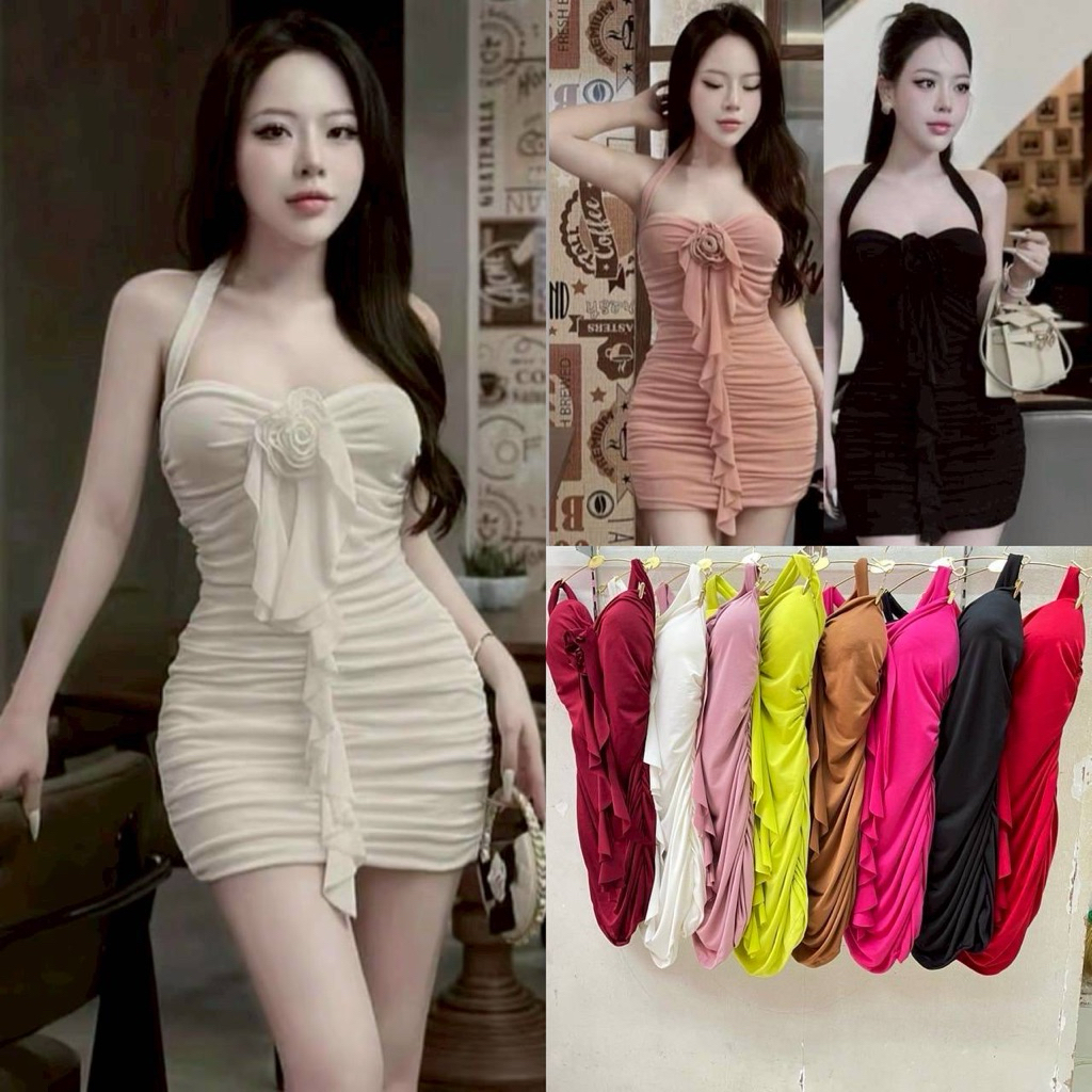 DLM. มินิเดรสคล้องคอแต่งกุลาบ ผ้า ITY ทรงสวย

