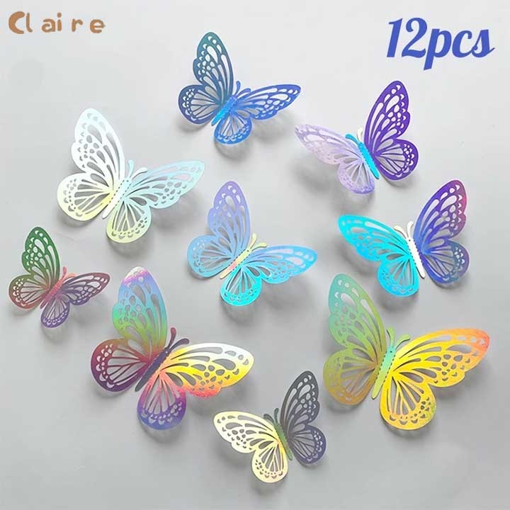 COD 12pcs สติกเกอร์ผีเสื้อ 3D สติ๊กเกอร์ติดผนังผีเสื้อ สําหรับติดตกแต่งผนัง ตกแต่งเค้ก Claire