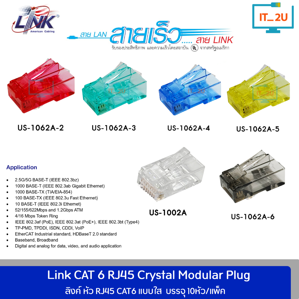 LinkPlug RJ-45 Cat6 US-1062A/US-1002A Transparent Crystal 10Pcs. สีโปร่งใส คุณภาพสูง  สะดวกและง่ายในการเข้าหัว