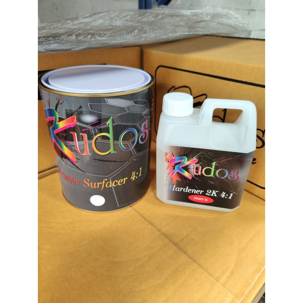 Kudos สีรองพื้นขาว 2K Acrylic Urethane Primer Surfacer 4:1 (3ลิคร) และ Hardener 2K 4:1(1ลิตร)