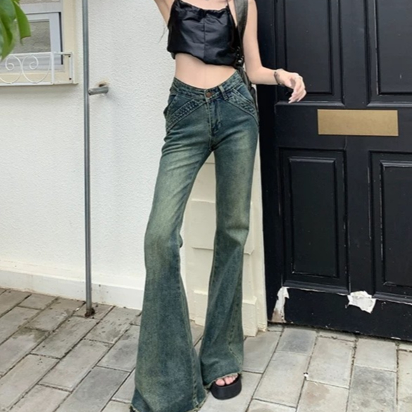 กางเกงยีนส์ขาบานขอบดิบสไตล์เรโทร สำหรับผู้หญิง เอวต่ำ สไตล์สาวฮอต ยางยืดต่อ ทรงเข้ารูป มีกระเป๋าด้านข้าง - รูปที่ 6