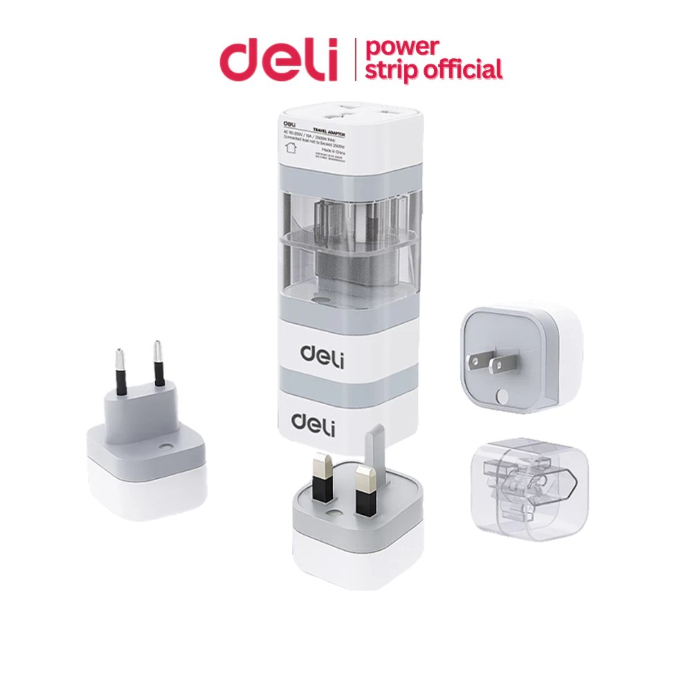 Deli เซทปลั๊กแปลงขาปลั๊ก 3อัน อแดปเตอร์ พร้อมแท่นเก็บ EU US UK กำลังไฟ 10A 2500W Universal Adapter