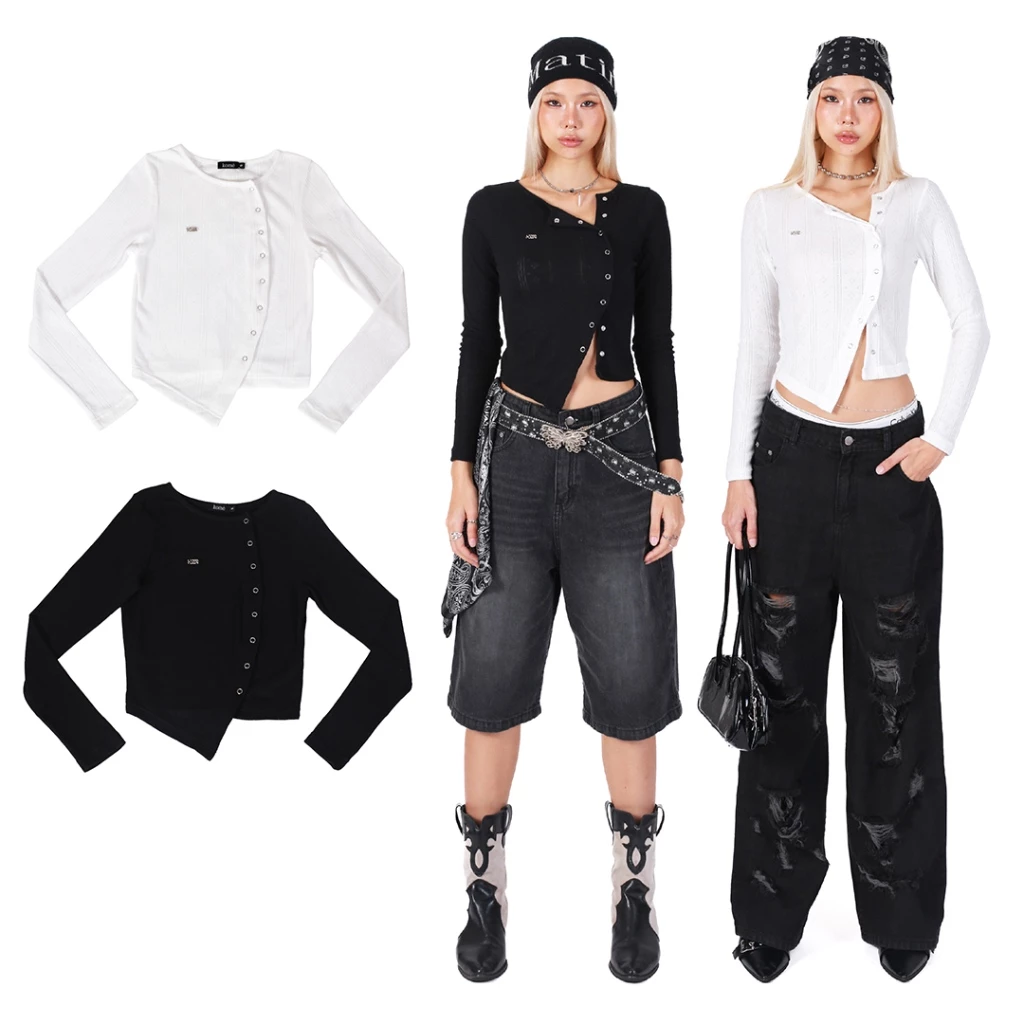 kome.offi เสื้อแขนยาวผ้า rib jacquard กระดุมแป๊ก รุ่น kia top
