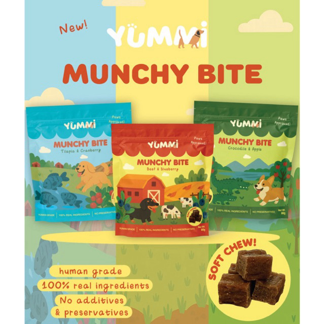 ขนมสุนัข Yummi Munchy Bite ลูกเต๋านิ่ม ทำจากเนื้อสัตว์และผัก100%