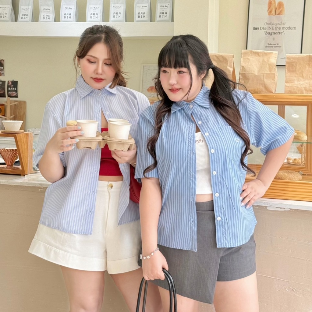 MinnieMay shirt 🥣 เสื้อเชิ้ตลายทางแขนสั้น - Merryhouse