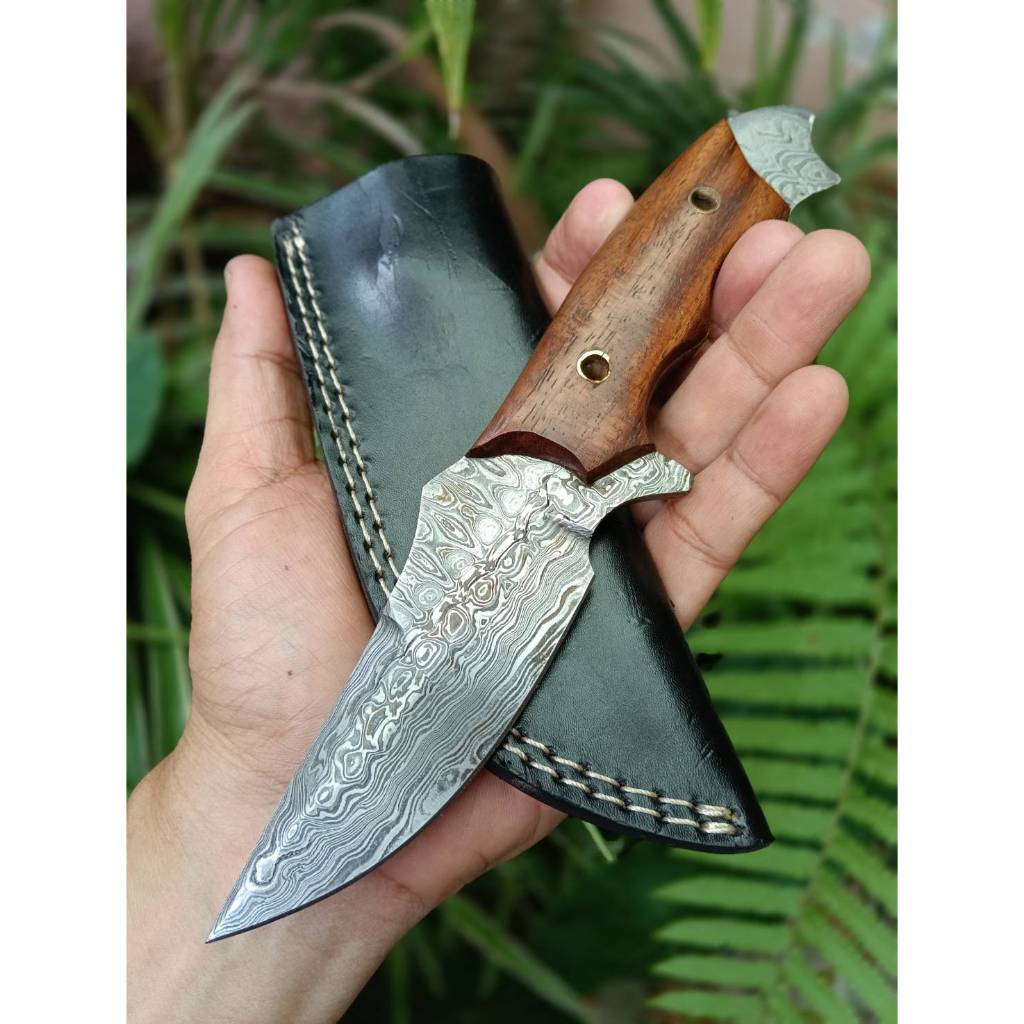 มีดโบวี่ Bowie มีดแคมป์ Camping knife มีดดามัสกัส Damascus มีดเดินป่า Fulltang 4” ด้ามประกบไม้วอลนัท