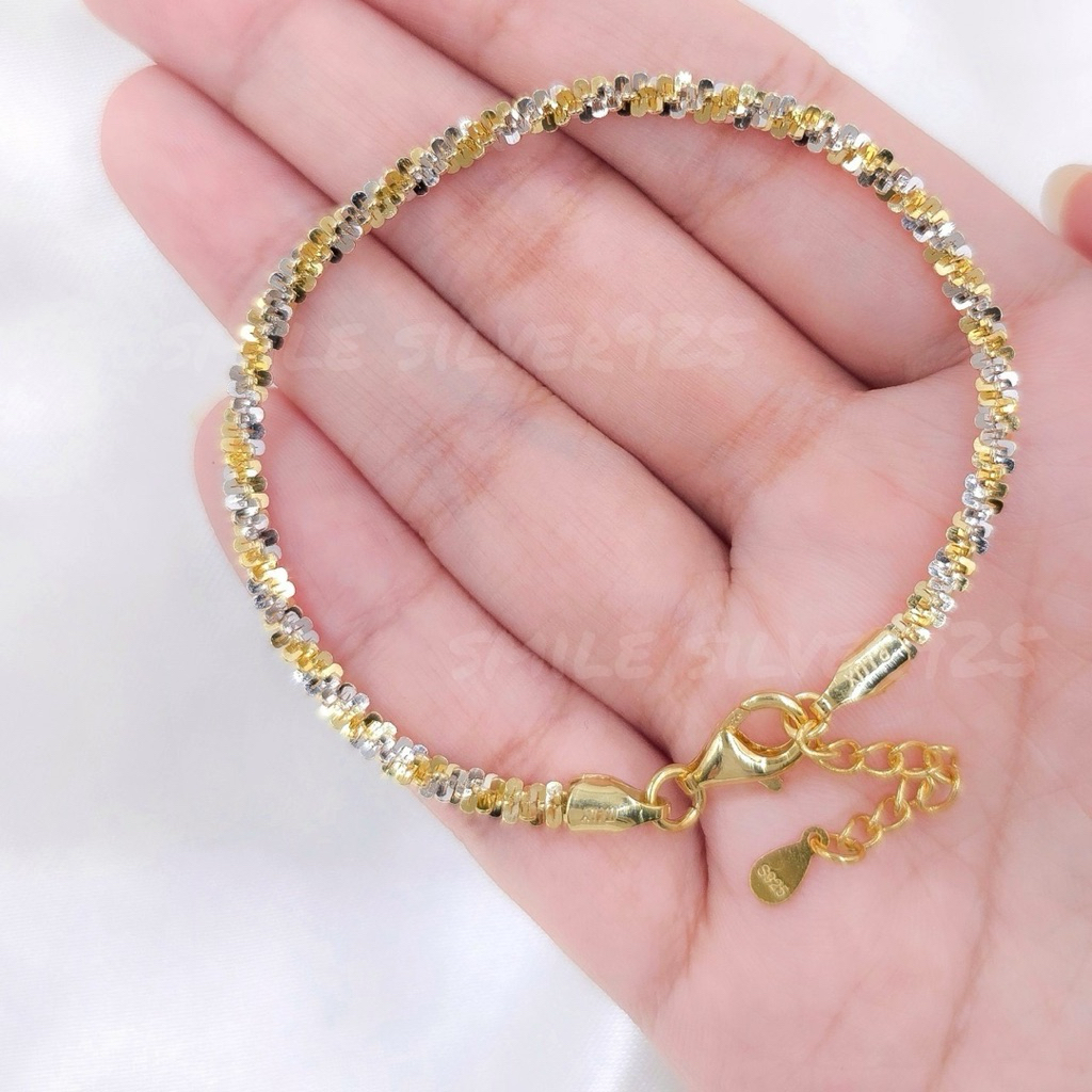 มม18 สร้อยข้อมือ ลาย Daisy เดซี่ 3.3mm. เงินแท้ 92.5% Italy ชุบ2กษัตริย์ (WG+G)