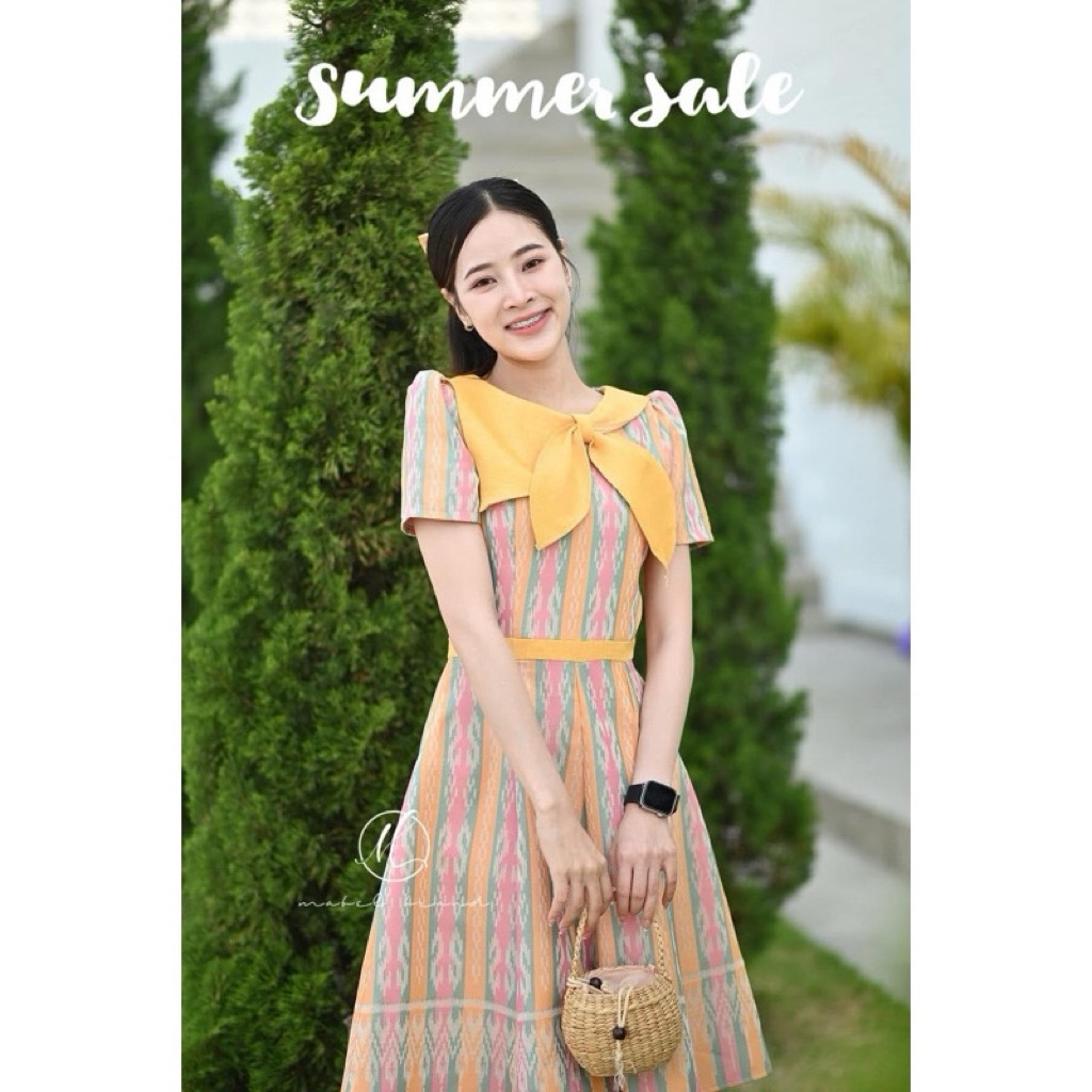 ส่งต่อ เดรสผ้าไทยมือสอง #ผ้าไทยสีเหลือง #xs #mabel #อก 31 เอว25 ยาว37