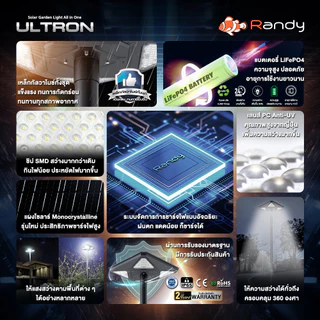 RANDY โซล่าเซลล์ UFO ULTRON IP65กันน้ำ สว่าง360° แบต ใหม่LiFePO4 อายุ10ปีUPใช้ทน ค่าไฟ0บาท ประกัน2ปี