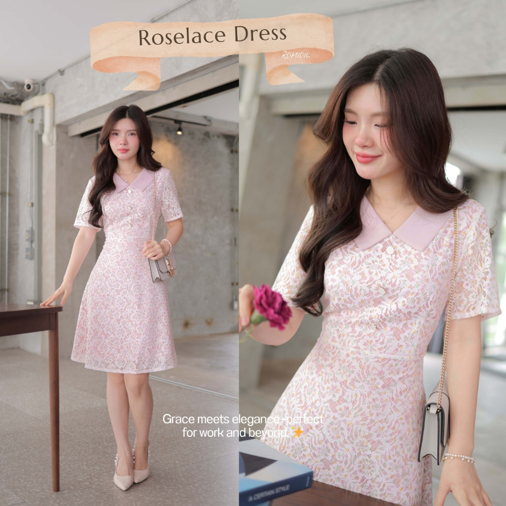 "Romi"Oil" Roselace Dress (Pink) K273 ชุดเดรสสีชมพู (คอปกแต่งกระดุมหน้า)