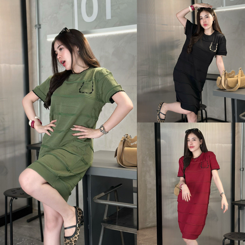 เดรส ชุดเดรส ผ้าไหมพรม โทนมินิมอล แต่งทอลายคาดเส้น ผ้านุ่มนิ่มใส่สบาย ผ้ายืดตามตัว สาวอวบใส่ได้ รุ่น พัทยา