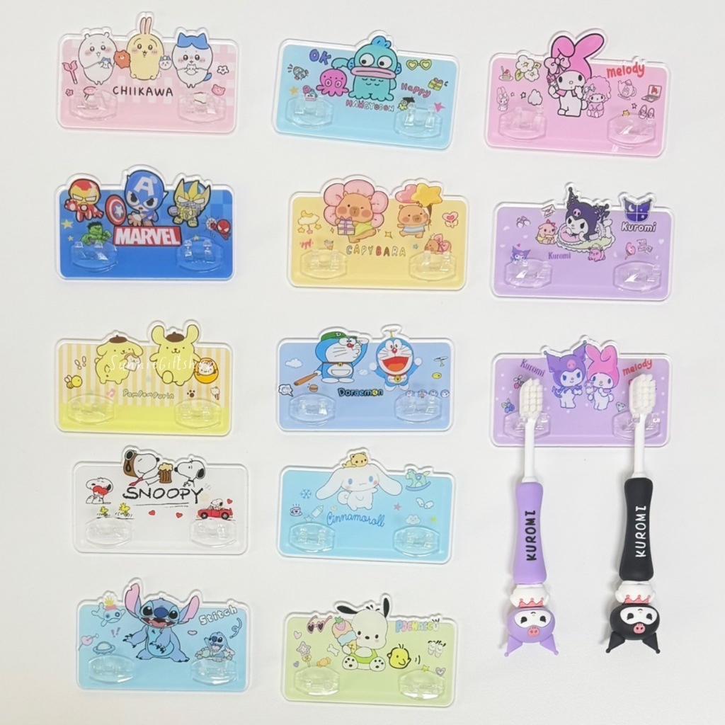 ที่แขวนแปรงสีฟัน แบบ2ช่อง อะคริลิค พร้อมกาวสำหรับติด ลายการ์ตูน