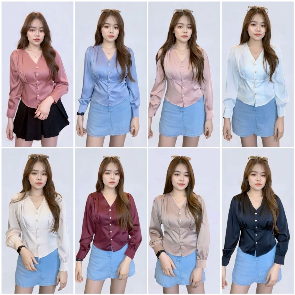 L005 เสื้อครอปคอวีผ้าซาตินพรีเมี่ยม แต่งจีบด้านหน้า กระดุมมุก มี 11สี  พร้อมส่ง