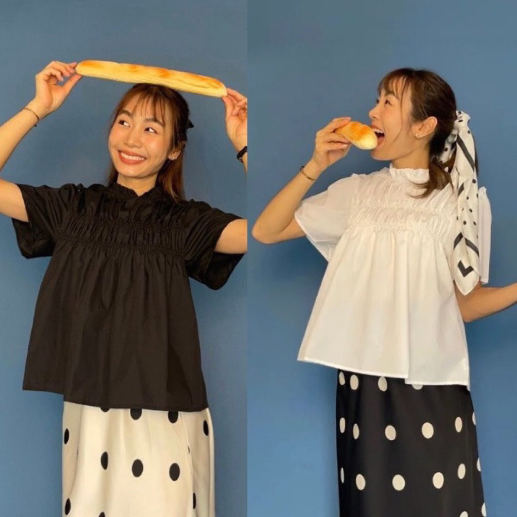 CHAWY Cotton cute top 🌯🍩 C4244 เสื้อท็อป เสื้อเบลาส์ มี 2 สี ดำ ขาว