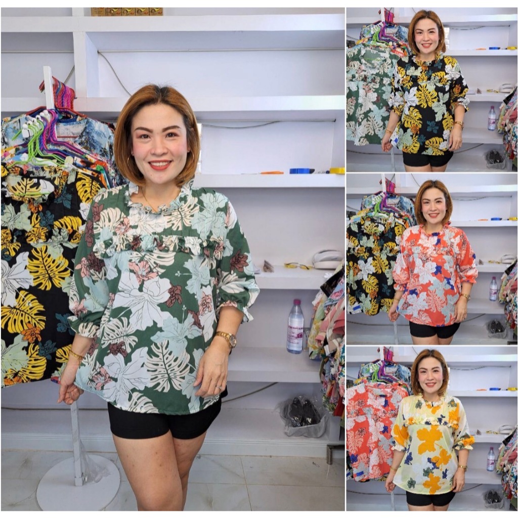 **พร้อมส่ง**C62//เสื้อคอระบายแขนศอกตีเกล็ดอก ลายดอกชบาใหญ่ผ้าไหมเกาหลี ฟรีไซ42-46นิ้ว ยาว27นิ้วหน้าผ