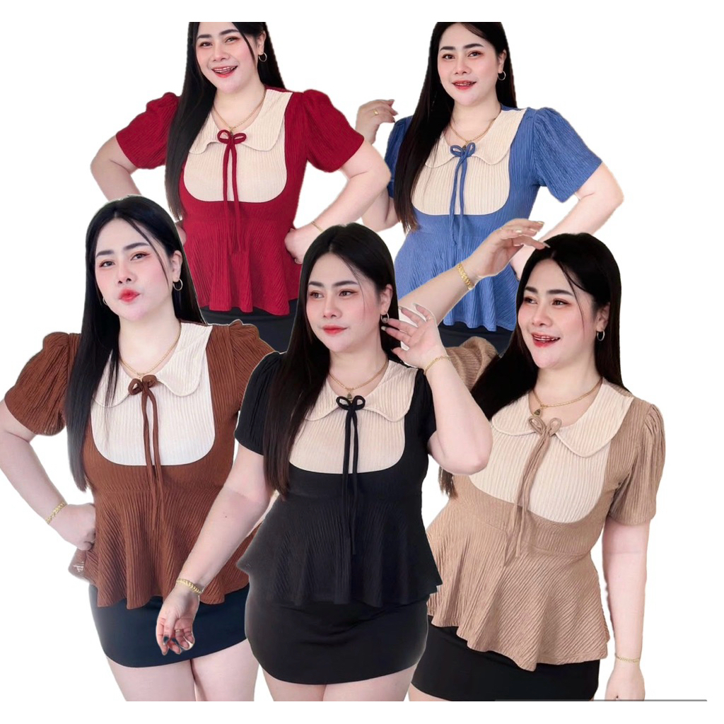 N45 เสื้อแฟชั่นสาวอวบ คอปกบัว จั้มแขน ชายระบาย แนะนำ อก 34-44