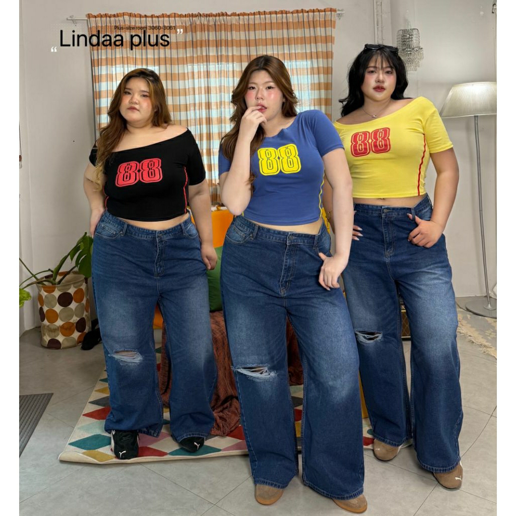 กางเกงยีนส์ขากระบอกใหญ่ buggy jeans ขาดเข่า 1 ข้าง