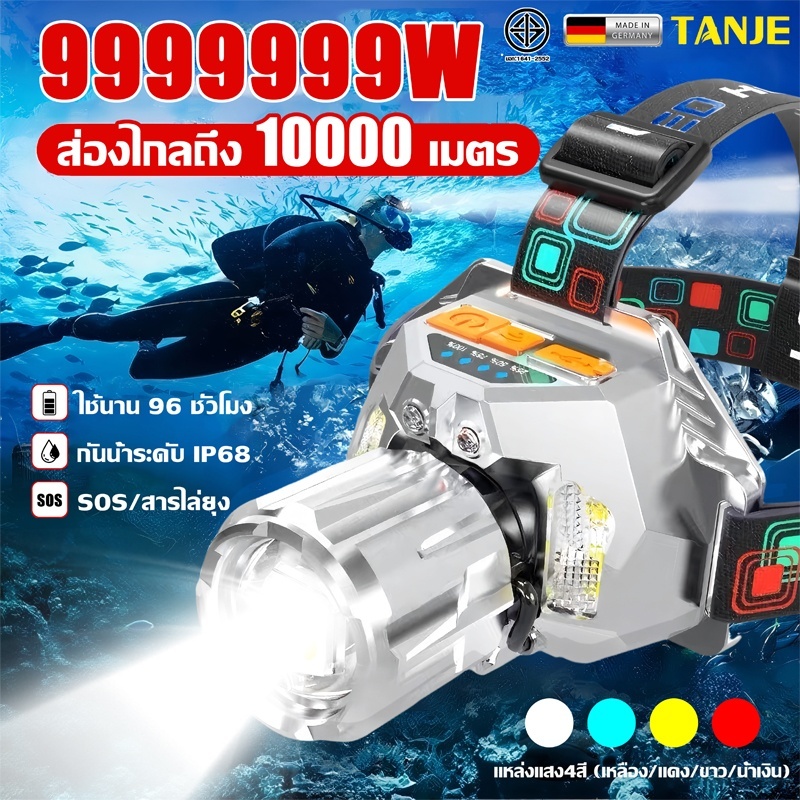 💡สว่างกว่าไฟรถ💡 ไฟฉายคาดหัว ไฟส่องสัตว์ แบตในตัว 30000mAh ปรับได้ 4 สี กันน้ำระดับพายุฝน โฟกัส/สปอตไลท์ /ซูมได้