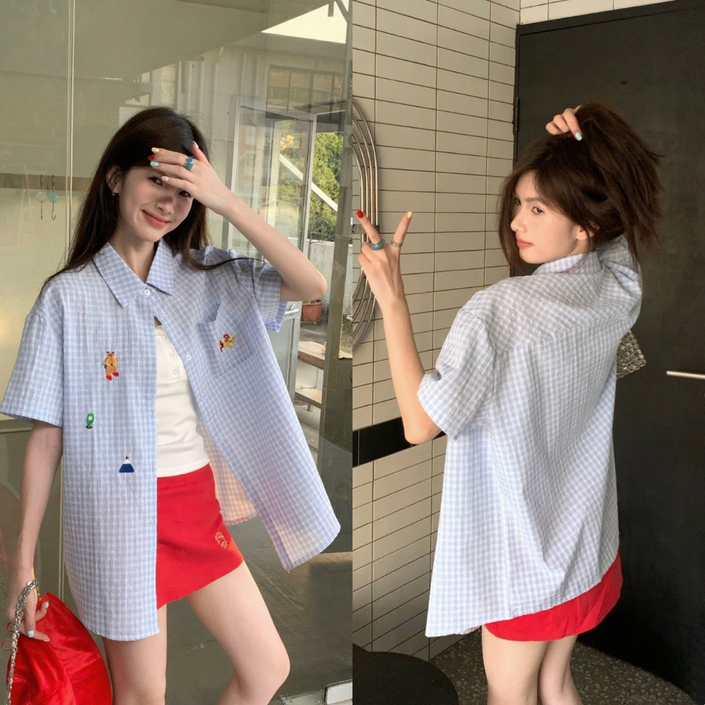 เสื้อเชิ้ตแขนสั้นผู้หญิง ปักลายน่ารักและลายสก็อต สวมใส่สบายและหลากหลาย