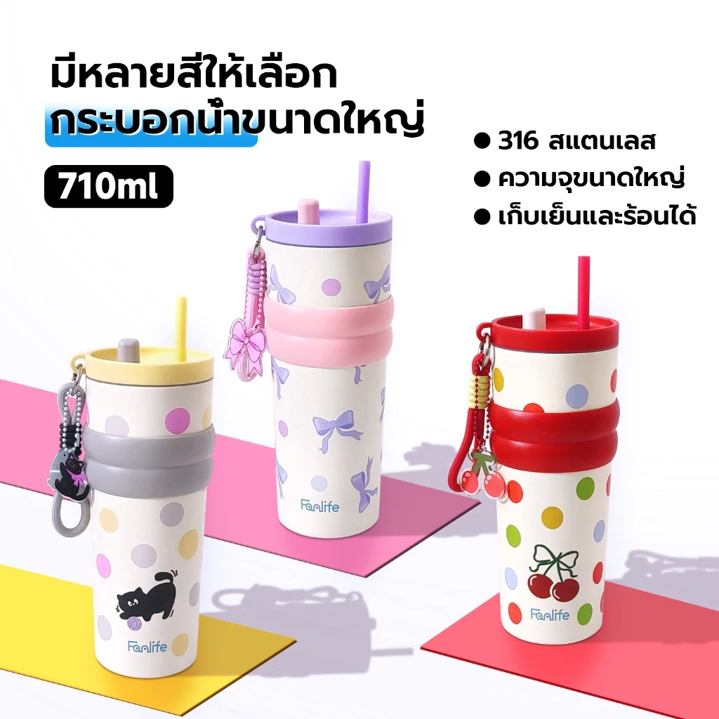 การ์ตูน แก้วน้ำสแตนเลส 316 เคลือบเซรามิก ขนาด 710 มล. มีหลอดดูด พับเก็บได้ มีที่เก็บฝาหลอด-239