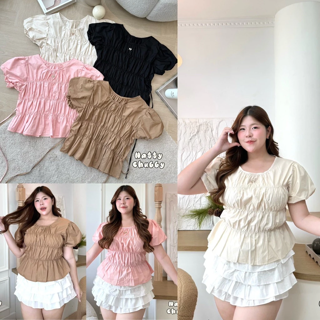 /NT/ เสื้อแขนบอลลูน สาวอวบ ไซส์อก38-50 สม็อครอบตัวเบาๆ ไม่รัดแน่น ติดโบว์อก น่ารักมาก #เสื้อไซส์ใหญ่ สาว อ้วน พลัสไซส์